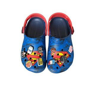 Crocs Superman Kids Size J2 BlueRed Clogs w/ Added Charms Shoes SlipOn DC Comics